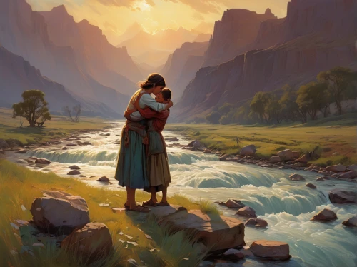 shepherd romance,idyll,guards of the canyon,romantic scene,travelers,world digital painting,land love,loving couple sunrise,romantic portrait,valley,young couple,landscape background,the wanderer,girl on the river,canyon,river of life project,fantasy picture,pilgrims,summer evening,the spirit of the mountains,Conceptual Art,Fantasy,Fantasy 18