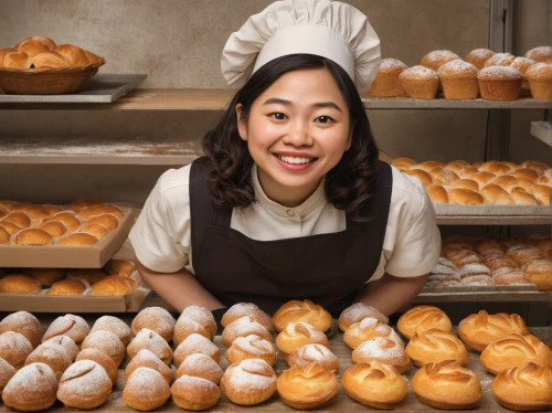 pastry chef,freshly baked buns,bánh bao,viennoiserie,pâtisserie,sufganiyah,bakery products,sweet pastries,sweet rolls,bakery,cream puffs,pastries,kolach,challah,girl with bread-and-butter,pan dulce,pandesal,cha siu bao,yeast dough,doughnuts,Illustration,Abstract Fantasy,Abstract Fantasy 17