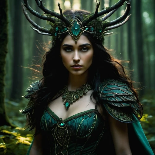 the enchantress,celtic queen,elven,fantasy woman,dryad,faerie,faery,fairy queen,sorceress,laurel wreath,heroic fantasy,druid,elven forest,warrior woman,dark elf,fantasy picture,blue enchantress,fantasy art,priestess,huntress,Illustration,American Style,American Style 12