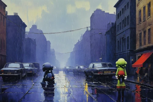 rainy,walking in the rain,rainy day,street scene,in the rain,alley,dog street,rain,the street,man with umbrella,cartoon video game background,rains,pedestrian,after rain,monsoon,cityscape,street life,evening atmosphere,rainstorm,rainy season,Illustration,Paper based,Paper Based 23