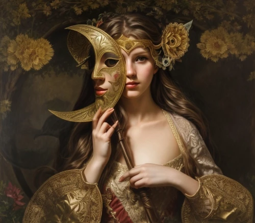 venetian mask,masquerade,golden wreath,golden crown,fantasy portrait,golden mask,faery,the angel with the veronica veil,faun,gold mask,mary-gold,dryad,mystical portrait of a girl,lyre,the enchantress,faerie,laurel wreath,gothic portrait,the carnival of venice,gold crown,Common,Common,Natural