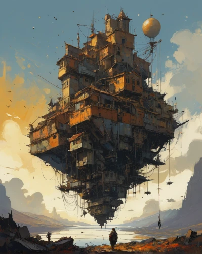 airships,airship,floating island,floating huts,ancient city,tower of babel,floating islands,ship wreck,air ship,hanging houses,ancient house,pirate ship,mushroom island,very large floating structure,futuristic landscape,concrete ship,artificial island,dreadnought,mountain settlement,island suspended,Conceptual Art,Sci-Fi,Sci-Fi 01