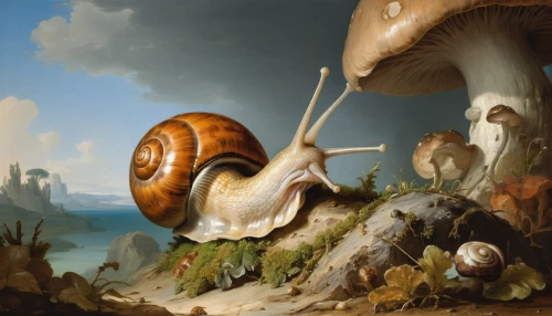 mushroom landscape,gastropods,snails and slugs,escargot,land snail,molluscs,noorderleech,mollusks,agaricus,mollusc,gastropod,snails,mollusk,molluscum,kawaii snails,marine gastropods,edible mushrooms,snail,fungal science,mushrooming,Art,Classical Oil Painting,Classical Oil Painting 40