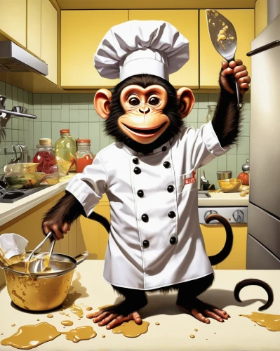 chef,pastry chef,cooking plantain,chimpanzee,men chef,monkey banana,common chimpanzee,chimp,cookery,barbary monkey,cooking show,cooking chocolate,monkeys band,monkey,cooking book cover,cooking oil,cuisine classique,the monkey,monkey wrench,barbary ape,Illustration,American Style,American Style 08