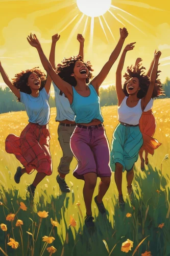 afro american girls,summer solstice,sun daisies,yellow daisies,leap for joy,abundance,spring equinox,flying dandelions,girl scouts of the usa,sunflowers,beautiful african american women,sun flowers,carefree,juneteenth,cheerfulness,african daisies,prosperity and abundance,buttercups,flying seeds,young women,Conceptual Art,Fantasy,Fantasy 08
