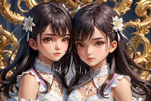 twin flowers,two girls,mirror image,euphonium,porcelain dolls,cluster-lilies,gemini,portrait background,lilies,twins,sisters,amano,sakura blossoms,in pairs,fairies,baroque,duo,sakura florals,custom portrait,mirrored,Anime,Anime,General