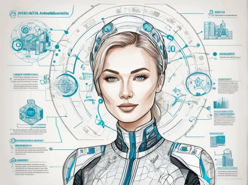 sci fiction illustration,medical concept poster,women in technology,cybernetics,wearables,cyborg,headset profile,vector infographic,vector girl,andromeda,fashion vector,vector people,vector graphics,biometrics,sci fi,scifi,vector illustration,humanoid,echo,head woman,Unique,Design,Infographics