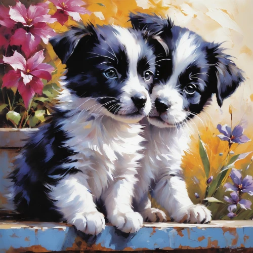 japanese chin,shih tzu,russell terrier,puppies,oil painting,two dogs,oil painting on canvas,japanese terrier,parson russell terrier,tibet terrier,color dogs,australian shepherd,corgis,terrier,jack russell terrier,cute animals,border collie,playing puppies,jack russell,little boy and girl,Conceptual Art,Oil color,Oil Color 09