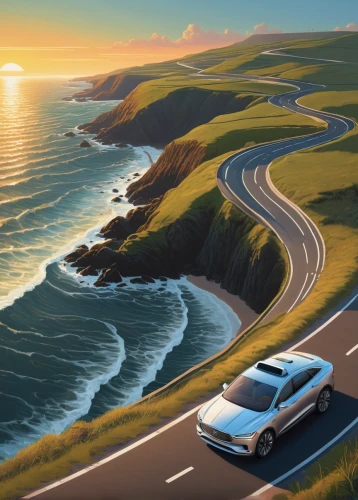 coastal road,pacific coast highway,highway 1,winding roads,the road to the sea,coastal and oceanic landforms,coastal landscape,cliff coast,3d car wallpaper,coast sunset,coast line,pacific coastline,winding road,great ocean road,pebble beach,landscape background,cliffs ocean,coastline,seaside country,cliff top,Art,Artistic Painting,Artistic Painting 30