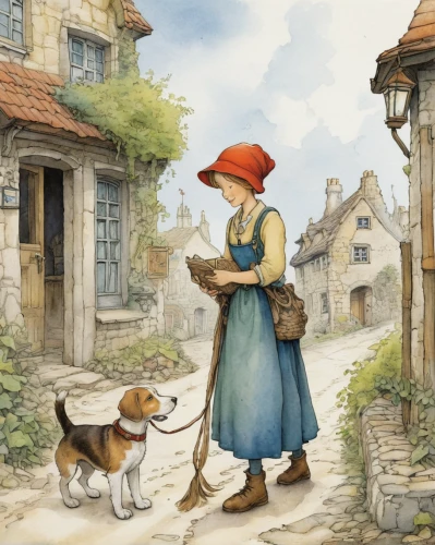 kate greenaway,girl with dog,girl with bread-and-butter,the pied piper of hamelin,east-european shepherd,dog illustration,peddler,shepherd,vintage illustration,girl picking apples,boy and dog,english shepherd,pilgrim,village life,pilgrims,book illustration,newspaper delivery,peter rabbit,basset artésien normand,beaglier,Illustration,Paper based,Paper Based 29