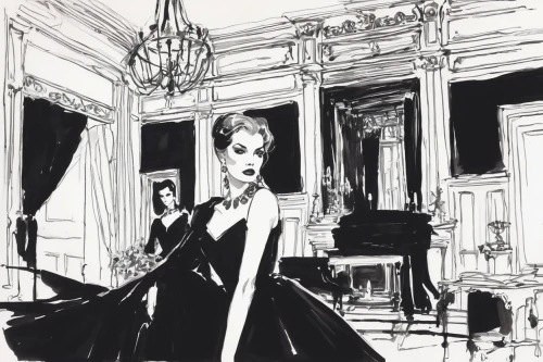 breakfast at tiffany's,woman playing violin,fashion illustration,violinist,concertmaster,vintage illustration,woman playing,violin woman,sheet music,callas,jazz singer,vintage drawing,hepburn,concerto for piano,cd cover,violin player,orchestra,cabaret,cover,evening dress,Art,Artistic Painting,Artistic Painting 24