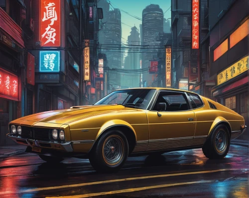 toyota ae85,mazda rx-7,datsun/nissan z-car,mitsubishi starion,nissan skyline,volkswagen scirocco,datsun sports,toyota celica,datsun 510,yellow car,honda s800,porsche 914,fiat x1/9,porsche 924,jensen interceptor,tokyo,ferrari mondial,tokyo city,rover sd1,honda prelude,Illustration,Realistic Fantasy,Realistic Fantasy 25