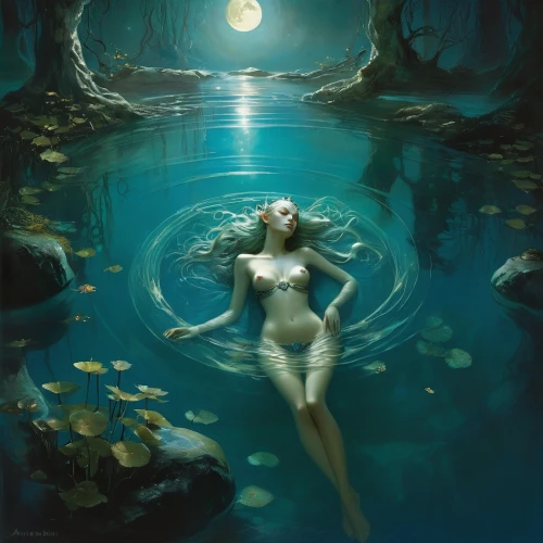 water nymph,underwater oasis,submerged,merfolk,fantasy picture,underwater landscape,underwater background,the night of kupala,underwater,the blonde in the river,shallows,siren,rusalka,under the water,under water,faerie,fantasy art,secret garden of venus,moonlit night,water lotus,Illustration,Realistic Fantasy,Realistic Fantasy 16