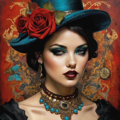 victorian lady,black hat,the hat of the woman,fantasy portrait,gothic portrait,fantasy art,beautiful bonnet,victorian style,the carnival of venice,romantic portrait,vintage woman,boho art,steampunk,gypsy soul,venetian mask,blue rose,adornments,woman's hat,masquerade,mystical portrait of a girl,Illustration,Realistic Fantasy,Realistic Fantasy 10