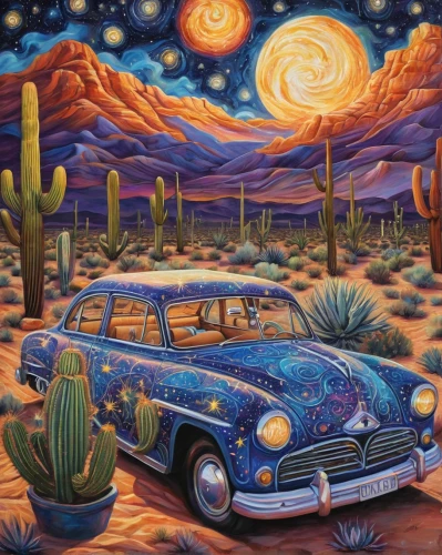 desert landscape,desert desert landscape,sonoran,sonoran desert,arizona,route66,route 66,desert,station wagon-station wagon,albuquerque,tucson,desert background,the desert,valley of the moon,moon car,moon valley,joshua trees,santa fe,desert safari,automobiles,Illustration,Paper based,Paper Based 09