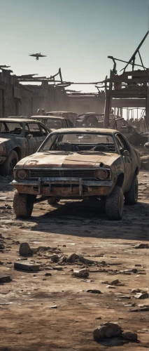 wasteland,scrapyard,rusty cars,mad max,desert safari,scrapped car,district 9,post-apocalyptic landscape,junkyard,ford galaxie,desert racing,mission to mars,desolate,desolation,retro vehicle,rusting,post apocalyptic,metal rust,salvage yard,demolition derby,Illustration,Realistic Fantasy,Realistic Fantasy 41