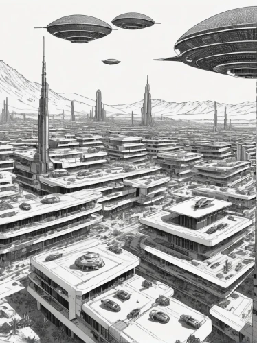 sci-fi,sci - fi,futuristic landscape,sci fi,scifi,futuristic architecture,science-fiction,metropolis,science fiction,sci fiction illustration,airships,futuristic,alien planet,space ships,sky space concept,solar cell base,dystopian,post-apocalyptic landscape,colony,extraterrestrial life,Illustration,Black and White,Black and White 16