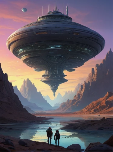 futuristic landscape,alien ship,sci fiction illustration,saucer,scifi,alien planet,alien world,sci fi,ufos,ufo,sci-fi,sci - fi,science fiction,extraterrestrial life,science-fiction,flying saucer,starship,airships,ufo intercept,travelers,Illustration,Realistic Fantasy,Realistic Fantasy 28