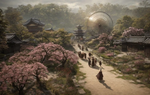 the mystical path,korean folk village,sakura trees,sakura blossom,japanese sakura background,sakura tree,ancient city,japan garden,fantasy world,pathway,fairy village,pilgrimage,the cherry blossoms,sakura blossoms,the path,chinese temple,fairy world,beauty scene,aurora village,spring blossoms,Game Scene Design,Game Scene Design,Japanese Martial Arts