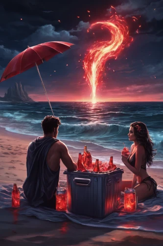 romantic dinner,romantic scene,romantic night,dinner for two,beach bar,fantasy picture,beach restaurant,campfire,romantic,fire bowl,sci fiction illustration,romantic meeting,beach furniture,cg artwork,fire and water,barbecue,seafood boil,honeymoon,little mermaid,fire pit,Conceptual Art,Fantasy,Fantasy 34