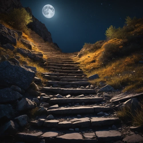 winding steps,stone stairway,the mystical path,the path,pathway,path,stone stairs,stairway to heaven,steps,jacob's ladder,wooden path,moonlit night,stairway,hiking path,stairs,the night of kupala,phase of the moon,moonlit,gordon's steps,moonscape,Photography,General,Fantasy