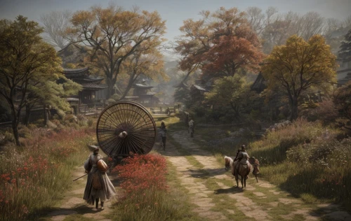 witcher,the mystical path,idyllic,rural,autumn idyll,pilgrimage,hangman's bridge,the autumn,autumn walk,the wanderer,the path,man and horses,golden autumn,autumn theme,horsemen,autumn morning,horseback,one autumn afternoon,guards of the canyon,pilgrims,Game Scene Design,Game Scene Design,Japanese Martial Arts