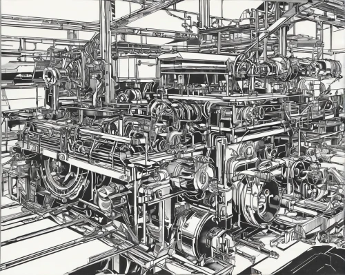 machinery,machine,mechanical puzzle,engine room,internal-combustion engine,8-cylinder,industry 4,crankshaft,engine,combination machine,mechanical,industrial robot,machines,industrial plant,gas compressor,network mill,pneumatics,machine tool,cylinder block,ti plant,Illustration,Black and White,Black and White 10