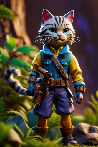 cat warrior,adventurer,3d render,explorer,collected game assets,scandia gnome,3d rendered,game character,action-adventure game,bard,game art,pirate treasure,aegean cat,monsoon banner,felidae,3d model,mountain guide,tom cat,rocket raccoon,cartoon cat,Unique,3D,Toy