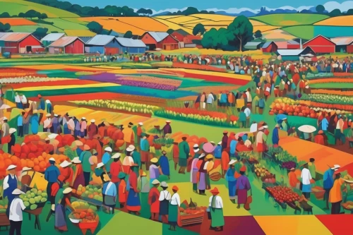 khokhloma painting,village festival,farmer's market,korean folk village,farmers market,village scene,the market,agroculture,agricultural,large market,agriculture,harvest festival,vegetable field,fruit fields,farm workers,market,vegetable market,eisteddfod,farm landscape,color fields,Illustration,Vector,Vector 07