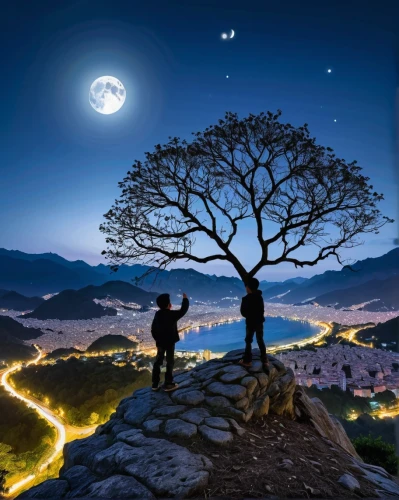 fantasy picture,photo manipulation,romantic scene,night scene,photoshop manipulation,digital compositing,image manipulation,moonlit night,landscape lighting,magic tree,photomanipulation,tree toppers,landscape background,world digital painting,sacred fig,moon and star background,celtic tree,conceptual photography,tree of life,the night of kupala,Art,Classical Oil Painting,Classical Oil Painting 04