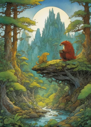 forest animals,woodland animals,cartoon forest,mushroom landscape,druid grove,fairy forest,spruce forest,children's fairy tale,forest landscape,forest glade,the forests,forest king lion,studio ghibli,the forest,old-growth forest,forest background,fairytale forest,forest animal,game illustration,forest of dreams,Illustration,Realistic Fantasy,Realistic Fantasy 04