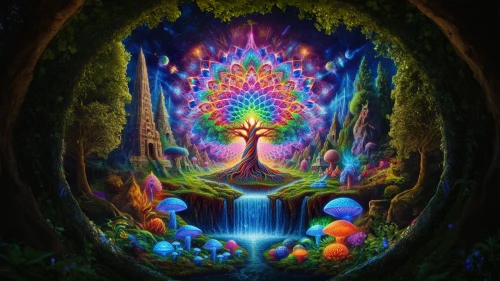 colorful tree of life,psychedelic art,fairy world,fairy forest,tree of life,spiritual environment,earth chakra,garden of eden,enchanted forest,holy forest,heart chakra,mother earth,magic tree,spirituality,crown chakra,the mystical path,hallucinogenic,fairy village,mysticism,shamanic