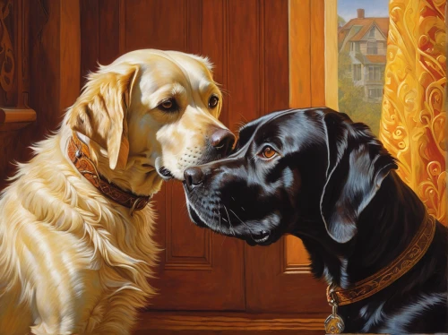 two dogs,kennel club,labrador retriever,color dogs,oil painting,companion dog,oil painting on canvas,dog breed,hunting dogs,canines,playing dogs,sussex spaniel,fila brasileiro,field spaniel,black and tan,three dogs,piasecki hup retriever,dog and cat,dog frame,pont-audemer spaniel,Illustration,Realistic Fantasy,Realistic Fantasy 03