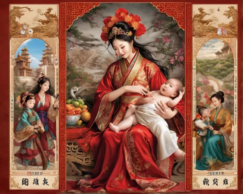 oriental painting,chinese art,chinese icons,orientalism,oriental princess,japanese icons,mother with children,bodhisattva,holy family,dongfang meiren,amano,japanese art,mother and children,taiwanese opera,the mother and children,oriental,geisha,asia,oriental girl,asian culture,Conceptual Art,Fantasy,Fantasy 27