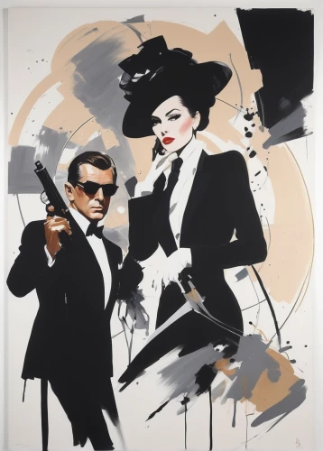 mobster couple,roaring twenties couple,clue and white,breakfast at tiffany's,blues and jazz singer,violinists,flapper couple,bond,vintage man and woman,gentleman icons,pretty woman,frank sinatra,spy visual,callas,mafia,james bond,jazz singer,big band,cool pop art,pistols,Art,Artistic Painting,Artistic Painting 24