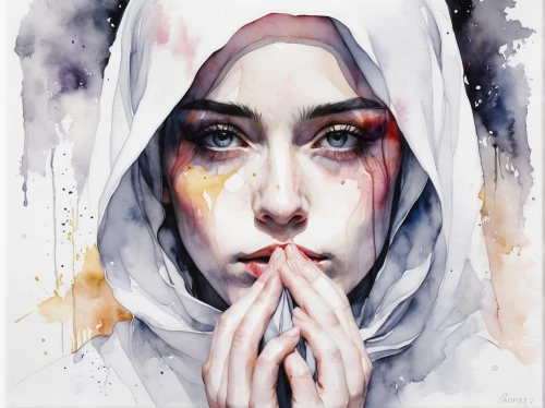 muslim woman,hijab,praying woman,hijaber,the prophet mary,islamic girl,woman praying,watercolor painting,white lady,watercolor,sorrow,watercolor paint,muslima,hand digital painting,the nun,seven sorrows,priestess,angel's tears,fatima,headscarf,Illustration,Paper based,Paper Based 20