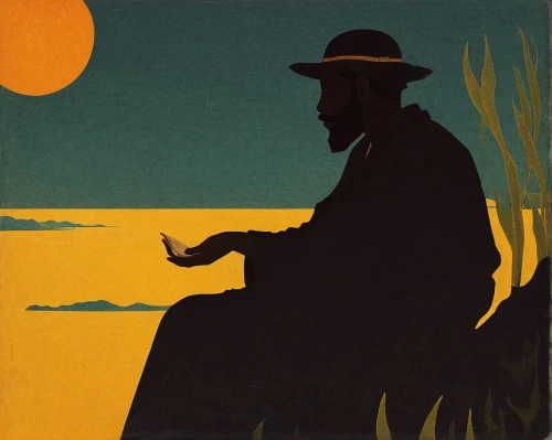 silhouette of man,man at the sea,vincent van gough,pilgrim,man silhouette,fisher,man with saxophone,cool woodblock images,travel poster,fisherman,the silhouette,man praying,cowboy silhouettes,yellow sun hat,man on a bench,itinerant musician,olle gill,art silhouette,the wanderer,fiddler,Art,Classical Oil Painting,Classical Oil Painting 14