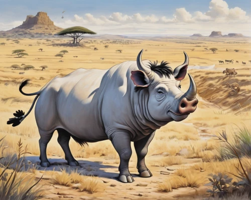 southern square-lipped rhinoceros,rhinoceros,black rhinoceros,white rhinoceros,black rhino,rhino,indian rhinoceros,southern white rhinoceros,oxpecker,gnu,uintatherium,zebu,cape buffalo,philomachus pugnax,namib rand,anthropomorphized animals,mountain cow,anthracoceros coronatus,botswana,triceratops,Art,Classical Oil Painting,Classical Oil Painting 02