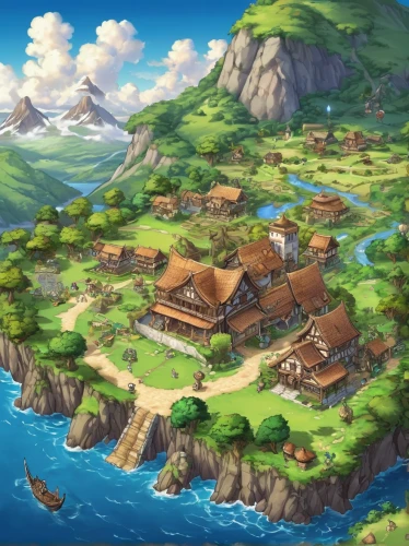 mountain village,alpine village,aurora village,meteora,knight village,mountain settlement,popeye village,studio ghibli,resort town,villages,peninsula,mountain valley,mountain world,fishing village,an island far away landscape,escher village,seaside country,medieval town,island of fyn,seaside resort,Conceptual Art,Fantasy,Fantasy 27