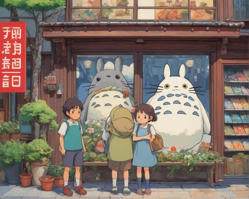 studio ghibli,my neighbor totoro,watercolor tea shop,convenience store,flower shop,grocery,watercolor shops,disney baymax,store front,book store,kitchen shop,bookshop,watercolor cafe,bookstore,白斩鸡,shopkeeper,ice cream shop,shopping street,bakery,grocery store,Illustration,Paper based,Paper Based 16
