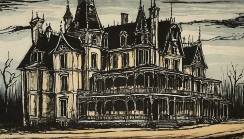 ghost castle,witch's house,the haunted house,witch house,haunted cathedral,haunted castle,victorian,gothic architecture,haunted house,gothic style,gothic,château,castle of the corvin,creepy house,victorian house,house drawing,victorian style,house painting,dark gothic mood,house silhouette,Art,Artistic Painting,Artistic Painting 01