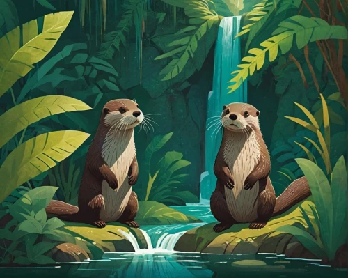 otters,tropical animals,pandas,meerkats,island residents,lilo,pygmy sloth,mammals,sea lions,chinese tree chipmunks,bamboo forest,otter,forest animals,rainforest,bamboo plants,bathing,whimsical animals,watering hole,woodland animals,bamboo,Conceptual Art,Daily,Daily 20