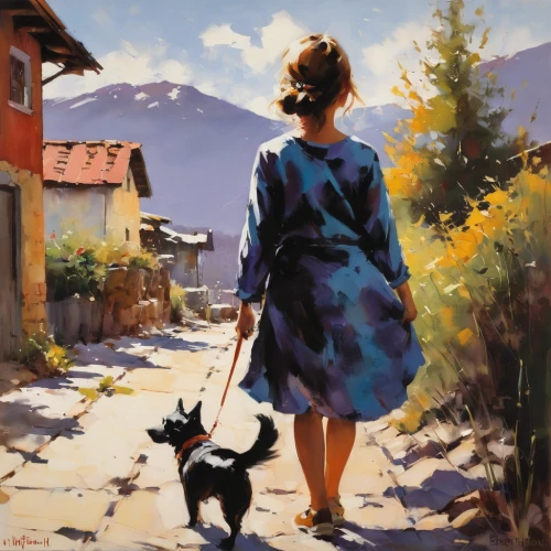 girl with dog,woman walking,girl walking away,oil painting,carol m highsmith,boy and dog,village life,girl and boy outdoor,black shepherd,carol colman,little girl in wind,one autumn afternoon,motif,woman playing,shepherd,darjeeling,girl in a long dress,world digital painting,stroll,oil painting on canvas,Conceptual Art,Oil color,Oil Color 09