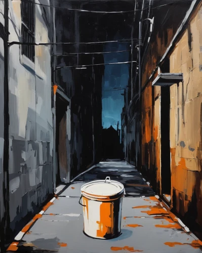 alleyway,alley,oil on canvas,laneway,oil tank,urban landscape,oil painting on canvas,paint cans,mirepoix,narrow street,wooden bucket,oil drum,rust-orange,cistern,old linden alley,oil paint,trash can,wheelbarrow,waste container,blind alley,Conceptual Art,Oil color,Oil Color 08