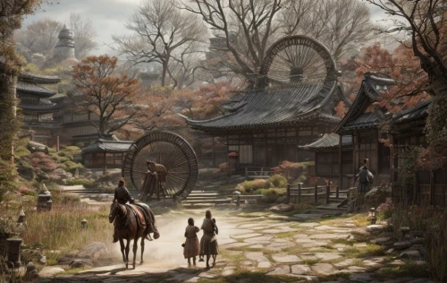 tsukemono,korean folk village,horse stable,japanese shrine,fantasy picture,japan landscape,studio ghibli,淡島神社,autumn scenery,man and horses,ancient house,knight village,autumn landscape,one autumn afternoon,ancient parade,victory gate,riding school,village life,horse-drawn,autumn in japan,Game Scene Design,Game Scene Design,Japanese Martial Arts