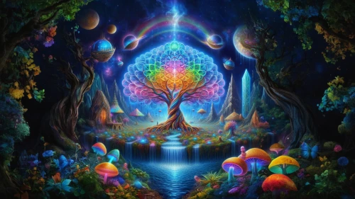 colorful tree of life,psychedelic art,tree of life,fairy world,earth chakra,magic tree,global oneness,fairy forest,heart chakra,garden of eden,mantra om,astral traveler,enchanted forest,crown chakra,spiritual environment,enlightenment,mother earth,holy forest,the mystical path,forest of dreams