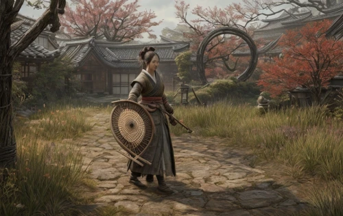 samurai,goki,the wanderer,shuanghuan noble,lone warrior,samurai fighter,erhu,female warrior,pilgrimage,archery,rising sun,mulan,vendor,shaman,traditional bow,monk,scythe,field archery,sakura blossom,the autumn,Game Scene Design,Game Scene Design,Japanese Martial Arts