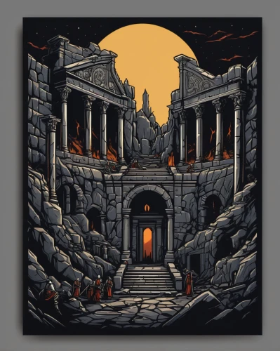 hall of the fallen,pompeii,necropolis,ancient city,chasm,coliseum,castle of the corvin,ruins,door to hell,mausoleum ruins,ruin,frame border illustration,catacombs,ghost castle,acropolis,dungeon,ancient house,pantheon,ancient theatre,the ruins of the,Illustration,Realistic Fantasy,Realistic Fantasy 45