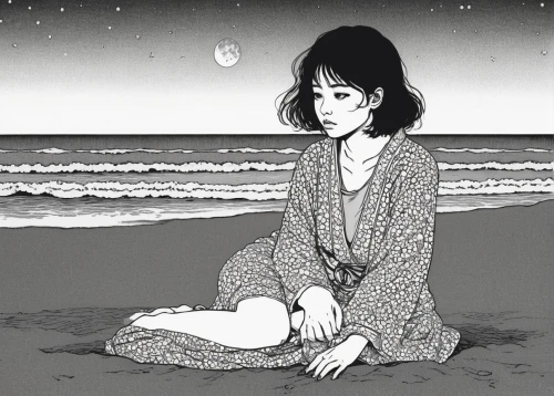 shirakami-sanchi,lonely,worried girl,sea night,melancholy,longing,loneliness,lonliness,alone,mari makinami,girl on the dune,maimi fl,sea beach-marigold,sea-shore,seaside,daydream,lonely child,the endless sea,by the sea,dark beach,Illustration,Black and White,Black and White 16