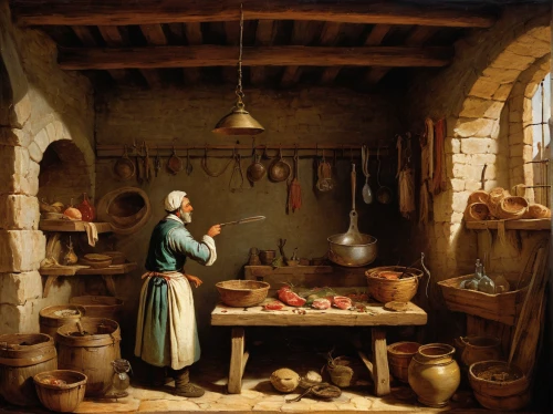 girl in the kitchen,girl with bread-and-butter,candlemaker,winemaker,cookery,merchant,fishmonger,woman holding pie,basket maker,the kitchen,woman at the well,kitchen interior,kitchen shop,artisan,cheesemaking,bakery,woman eating apple,kitchen,brandy shop,village shop,Art,Classical Oil Painting,Classical Oil Painting 35